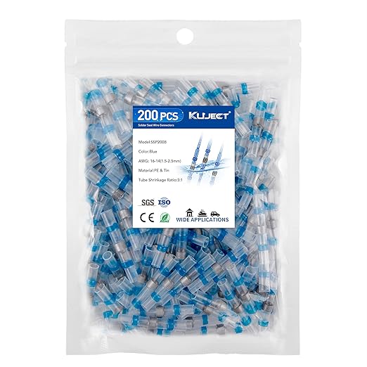 Kuject 200PCS Solder Seal Heat Shrink Wire Connectors AWG 16-14, Blue Butt Connectors Waterproof Splice for Marine, Automotive, Boat