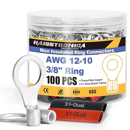 haisstronica Non Insulated Wire Connectors Kit，50pcs 3/8” Ring Terminals (AWG12-10) with 50pcs 3:1 Heat Shrink Tubing for Automotive Marine，Brazed Seam Wire Crimp terminals