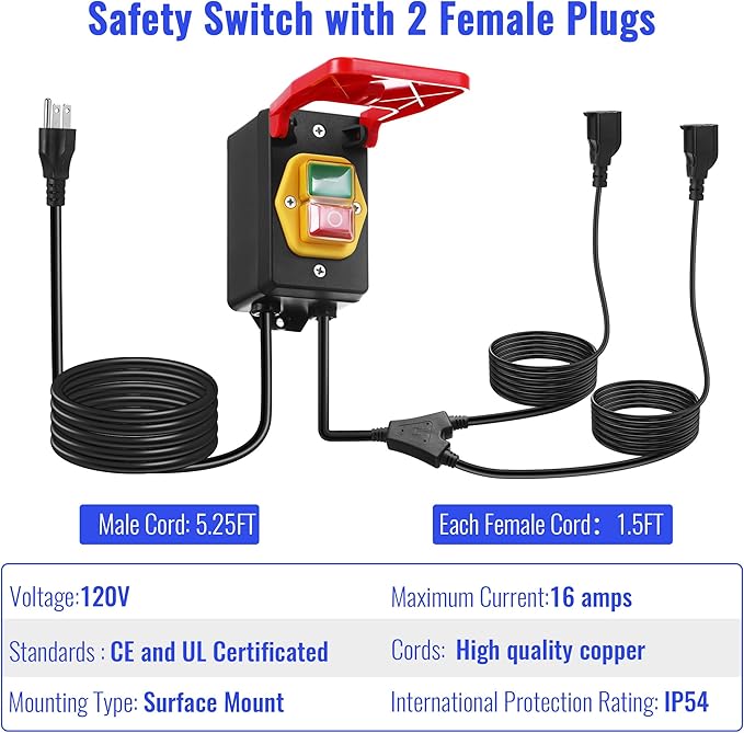 Dreyoo 1 Pack 120/230V Single Phase On/0ff switch, 120V 2HP Router Table Switch with Large Stop Sign Paddle Easy Contact for Fast Power Off for Table Saw and Other Electrical Equipment (2 Female Plug)
