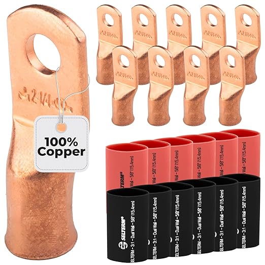 SELTERM 10pcs - 2 Awg - 1/4" Stud - Battery Lugs - Ring Terminal Connectors | with 12pcs 3:1 Black & Red Heat Shrink Tubing with Adhesive | Heavy Duty Battery Cable Ends - Bare Copper Wire Lugs Kit