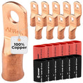 SELTERM 10pcs - 2 Awg - 1/4" Stud - Battery Lugs - Ring Terminal Connectors | with 12pcs 3:1 Black & Red Heat Shrink Tubing with Adhesive | Heavy Duty Battery Cable Ends - Bare Copper Wire Lugs Kit