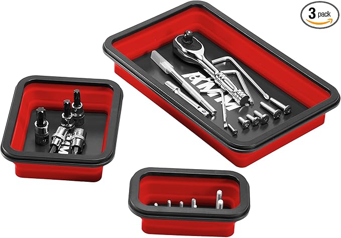 AMM Foldable Magnetic Parts Tray Set, 3 Different Size Magnetic Tool Trays for Bolts Screws Nuts & Small Metal Parts, Mechanic Tool Present for Men，Red