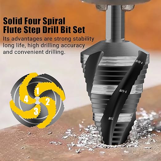 Four Spiral Flute Step Drill Bit, HSS Step Drill Bit 3/16"-1-3/8" (19 Steps) Unibit Step Drill Bit, 1/4" Shank Step Bits for Aluminum, Wood, Plastic, Metal