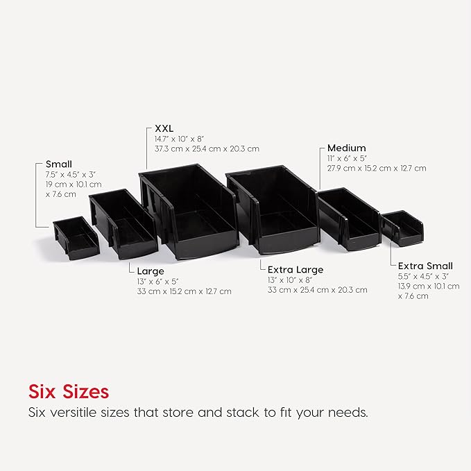IRIS USA Stackable Bins, 11 x 6 x 5 inch, Plastic Hanging Open Front Shelf Bin Storage Organizer for Hardware, Craft Supplies, Small Parts, Nuts and Bolts, Garage Organization, 4 Pack- Medium, Black