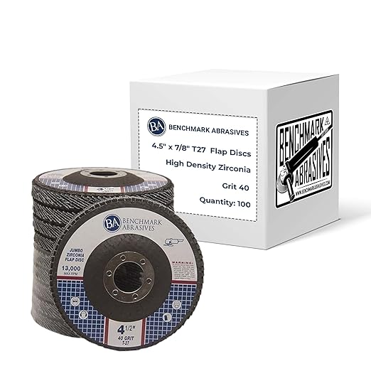 Benchmark Abrasives 4.5" x 7/8" Premium High Density Jumbo Zirconia Type 27 Flap Discs 4 1/2 for Angle Grinder, Sanding Discs, Finishing - Grinding Wheels 4 1/2 inch - (100 Pack) - 40 Grit
