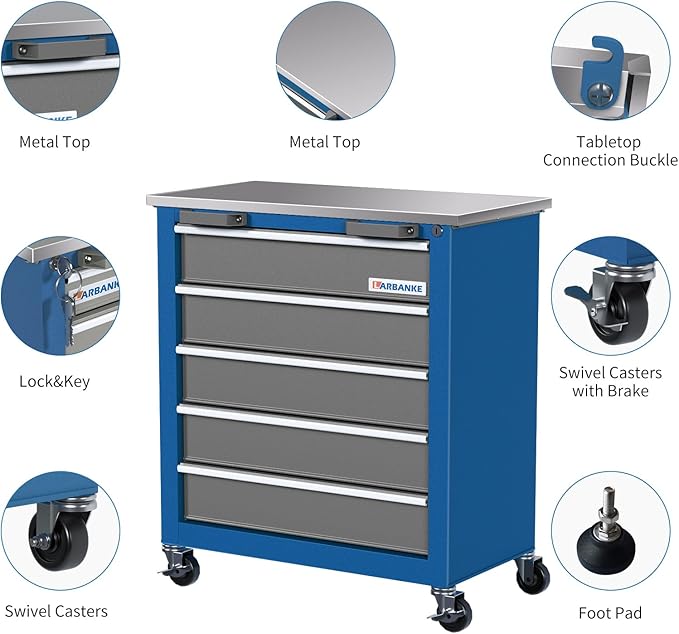 5-Drawer Rolling Tool Chest,Tool Cabinet on Wheels with Keyed Locking System and Drawer Liners,Tool Chest with Link Buckle and can be Combined to Large Cabinet Set,for Warehouse,Garage
