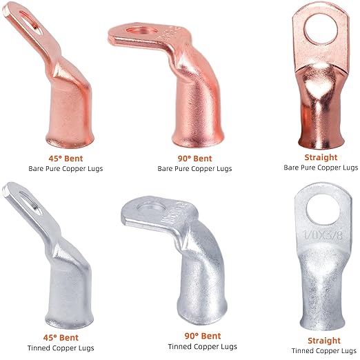 Tinned Copper Cable Lugs 10pcs 1/0 AWG-3/8 90 Degree Bent Battery Lugs,Heavy Duty Wire Lugs,Ring Terminal,0 Guage terminals,Battery Cable Ends/Terminal Connectors with 10pcs 3:1 Heat Shrink Tubing