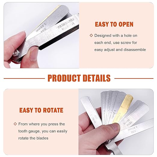 Tanstic 6Pcs Stainless Steel Feeler Gauge and Radius Gauge Set, 5Pcs R0.3-1.5/ R1-6.5/ R7-14.5/ R15-25/ R25-50 Radius Fillet Gauge with 32 Blades 0.04-0.88 mm Metric and Imperial Gap Measuring Tool