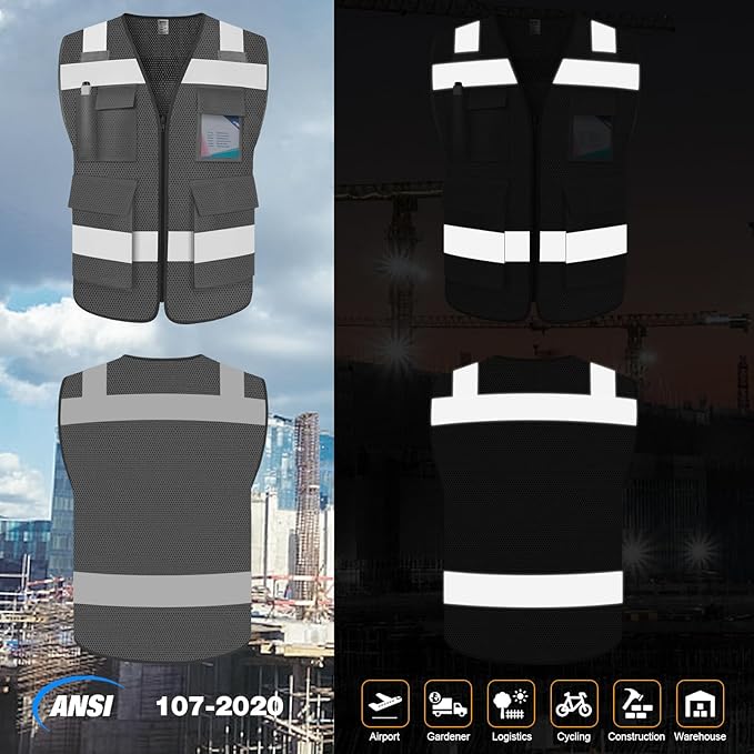 TCCFCCT Mesh Reflective Safety Vest 5 Pockets High Visibility Vest for Men Women, Work Vest with Horizontal Strip for Walkie-talkie and ID Card, Meets ANSI/ISEA Standards, Grey, XL