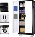 Garage Storage Cabinet with Wheels and Pegboard, Metal Broom Closet Storage Cabinet with Hanging Rod and Hooks for Garage, Bathroom, Home
