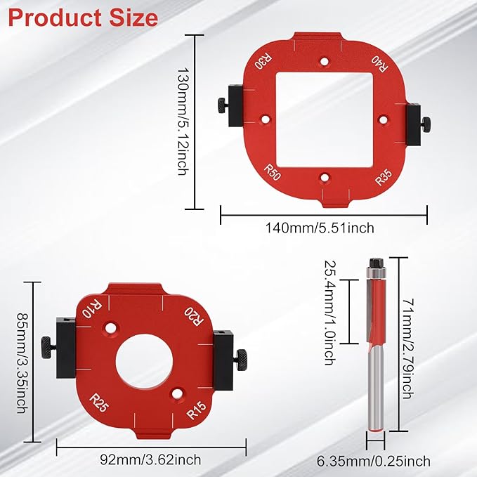 2Pcs Router Corner Radius Template Router Radius Jig 8 in 1 Aluminum Alloy Router Templates for Woodworking Router Corner Jigs and Templates R10/R15/R20/R25/ R30/R35/R40/R50 Use with Router Table