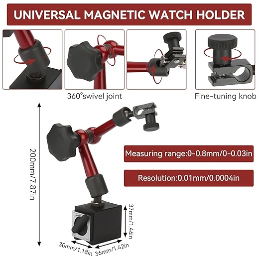 Dial Indicator with Flexible Strong Magnetic Stand Base, Dial Test Indicator Set 0-0.8mm Tester Gage Resolution 0.01mm for Machine Set-Up, Narrow Area Measurement