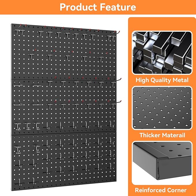 WALMANN 96PCS Metal Pegboard with Pegboard Hooks for Wall, Garage Tools Storage Pegboar for Garage, Workbench, Peg Boards, Tool Organizer Board with Hooks(Black)