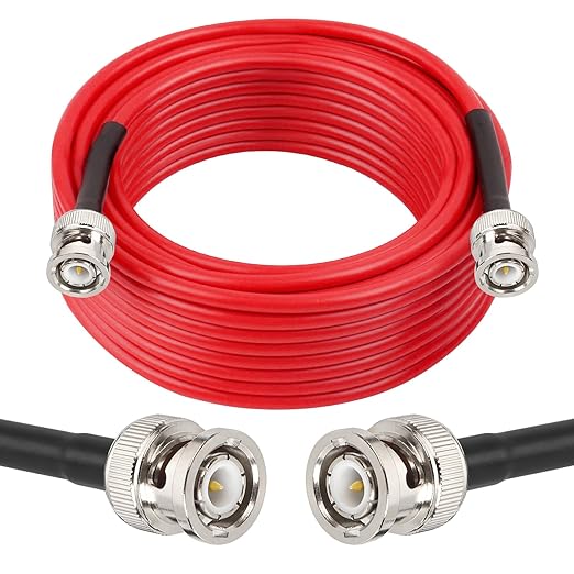 25FT RG58 50 ohm Coax Cable - Male to Male, Low Loss Extension with BNC Adapter for Antennas, RF Radios, Modems, Oscilloscopes, Spectrum, etc (Red)
