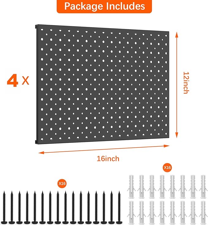 TORACK 4Pcs 12"x16" Metal Pegboard Panels for Garage, Workbench, Shop, Shed Tool Organizer Peg Board with 1/8" & 1/4" Holes, Modular Wall-Mounted Pegboard for Pegboard Hooks (Black)