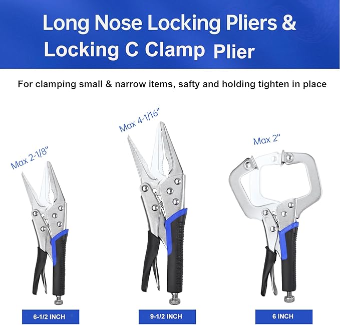 Vice Grips, 6-Pack Vise Grips 5"/7"/10" Curved Jaw Locking Pliers, 6-1/2" & 9-1/2" Needle Nose Pliers Set and 6" C-Clamp for Welding, Woodworking, Metal Working