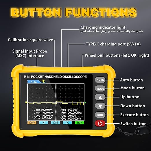 Mini Handheld Oscilloscope Kit, 2.5MS/s Portable Pocket Oscilloscope Multimeter,250KHz Bandwidth, 2.8" TFT Display,USB Rechargeable, Advanced Auto Trigger System, Portable for Fieldwork
