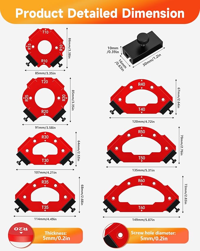 TANYO 7pcs Router Corner Radius Template Router Radius Jig, Aluminum Alloy 3 in 1 Radius Jig Router Templates, R10 R15 R20 R25 R30 R35 R40 R50 R60 T10 T20 T30 T35 T40 T50 T60 Use with Router Table