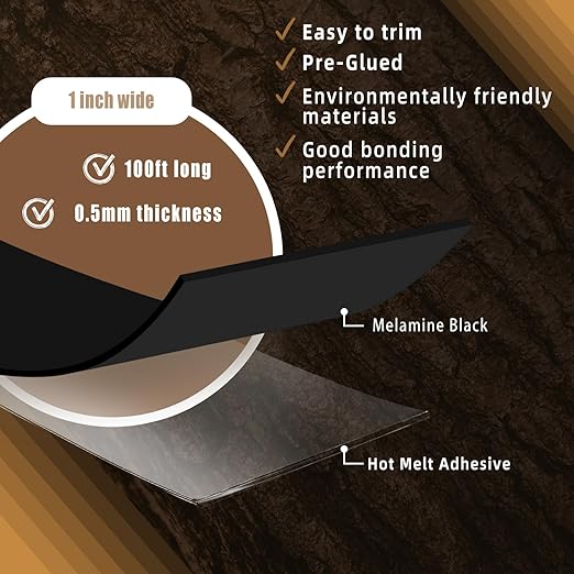 GSCIT Club Black Melamine Edge Banding, 1 inch x 100ft Edge Banding with Hot Melt Adhesive Pre-glued Cabinet Edge Banding Flexible Black Veneer Edging for Plywood