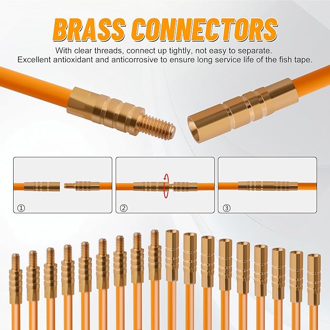 KOOTANS 50FT Fiberglass Running Electrical Wire Cable Glow Rods Wire Pulling Tools Fish Tape Wire Puller Through Wall Snake for Wires Cable Fishing Rod Kit with Different Attachments