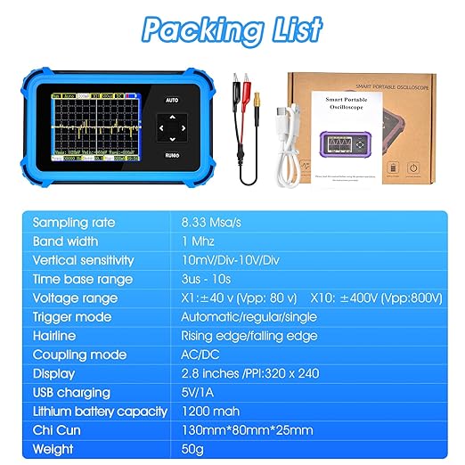 Handheld Oscilloscope Beginner, AIOMEST Mini Osciloscopio with 1MHz Bandwidth 8.33MSa/s, ±400V (800Vpp X10) - 150g Portable Scope for Automotive DIY, Electronics Hobbyists, Student Lab