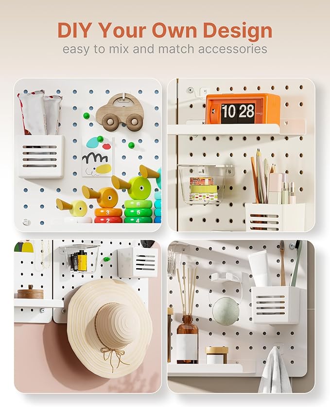 Pegboard Wall Organizer Combination Kit, Overall 25.4"x16.6" Metal Office Pegboard with 13 Accessories, Wall Mounted Peg board Display Panels for Home, Gaming Room, Garage (2Pcs,White)