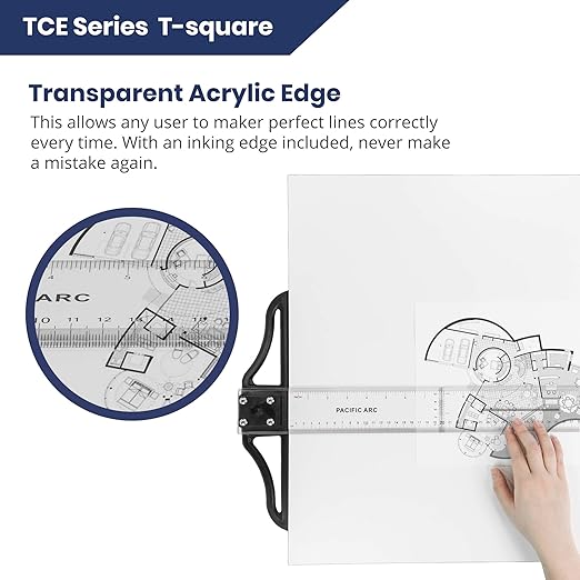 Pacific Arc 30 Inch T Square, Traditional Acrylic Graduated in Inch and Metric, Detachable Head