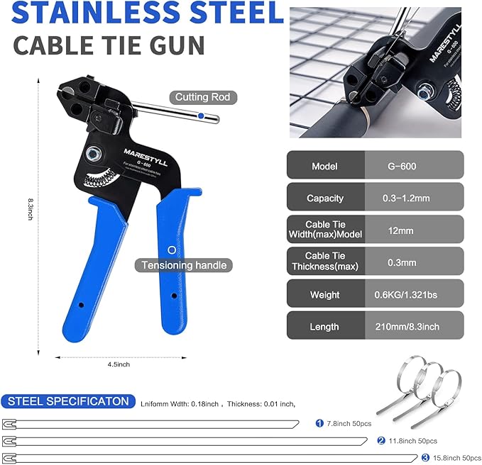 Stainless Steel Cable Tie Gun Set - With 150pcs Heavy Duty Cable Ties，Special Tool For Fastening And Cutting Metal Zip Ties-for Chain Link Fence Parts, Wire Fence Rolls,Exhaust Wrap, Outdoor Fences