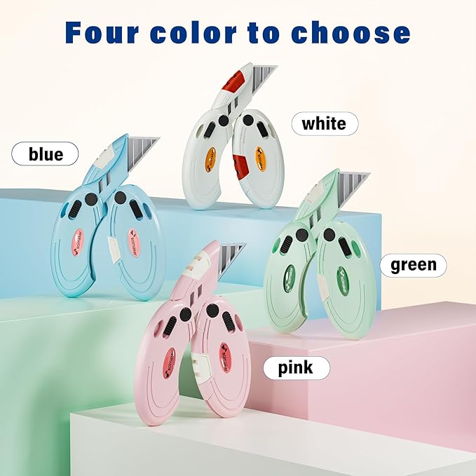4 Pack Folding Utility Knife with 10 Extra Blades,Box Cutter with Button Lock Mechanism,Small Pocket Knife for Home,Office and Warehouse,Blue.