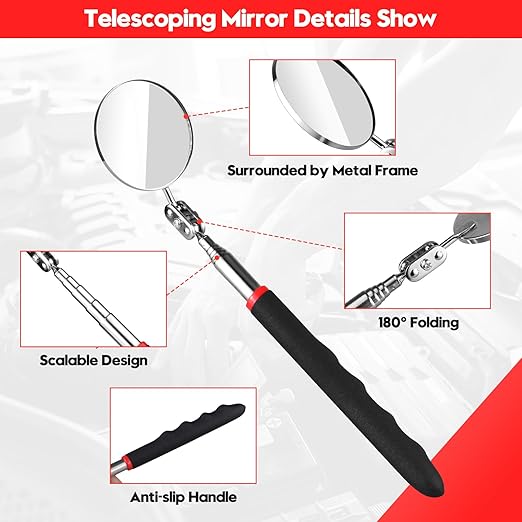 Telescoping Inspection Mirror, 2 Pcs Flexible Retractable Automotive Extension Round Mirror 360 Rotation&Bendable Circular Mirror, Extendable Mirror on a Stick for Checking Vehicle Condition