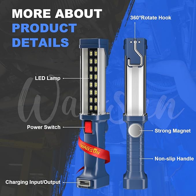 WARSUN LED Work Light Rechargeable, Portable Mechanic Trouble Light with1200 Lumens, COB worklight Magnetic Base, Cordless Floodlight for Car Repair, Camping, Hiking, 30w