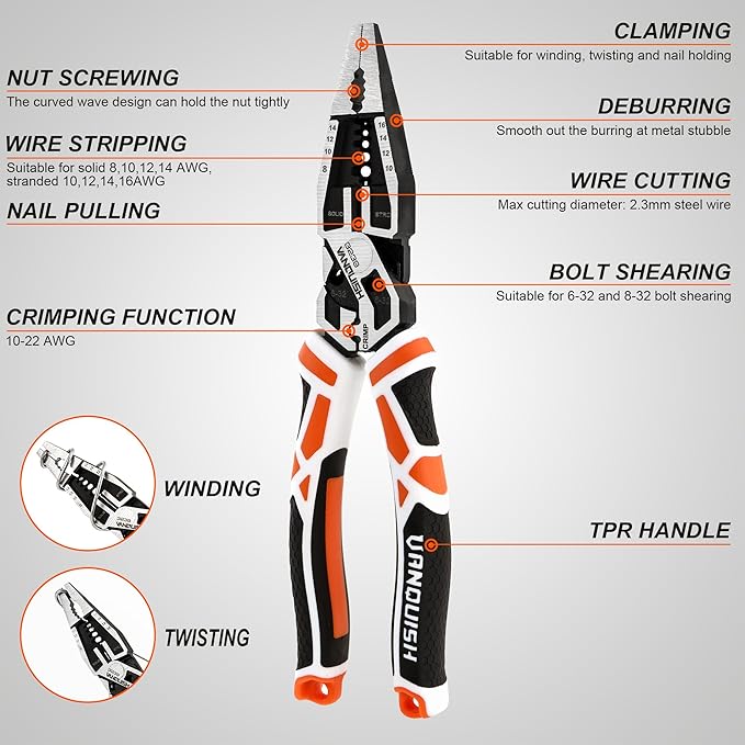 VANQUISH 10-in-1 Long Nose Pliers, 8‘’ Multipurpose Combination Pliers Wire Cutter/Crimper/Stripper, CRV Steel, Heavy Duty Side-Cutting Pliers for Crimping, Stripping, Shearing, Deburring, 3239