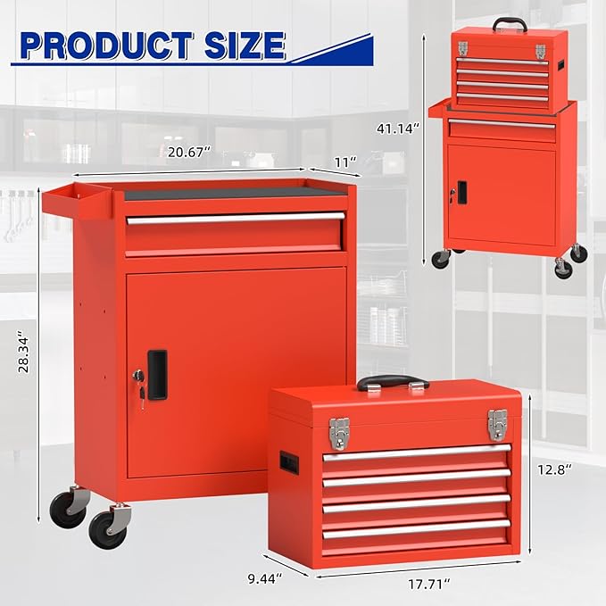 5 Drawer Tools Chest, Tool Cabinet with Universal Lockable Wheels，Tool Box with Detachable Top Box for Workshop(Red)