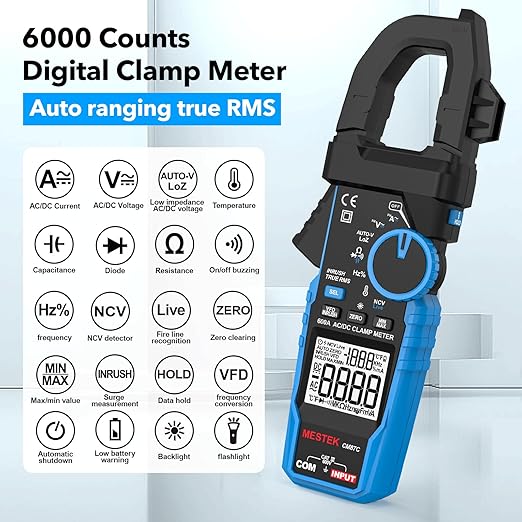 Digital Inrush Clamp Meter Multimeter, MESTEK T-RMS 6000 Counts 600A Current Amp Volt Meter with VFD,LOZ Mode; Measures NCV AC/DC Current Voltage Temperature Resistance Capacitance Continuity