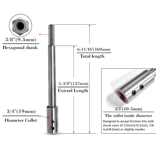 ASNOMY 6-11/16Inch Extra Long Forstner Bit Extension for Adding Over 5-3/8 inches of Drilling Depth to Your 2/5" Round or Hex Shafts Forstner Bit