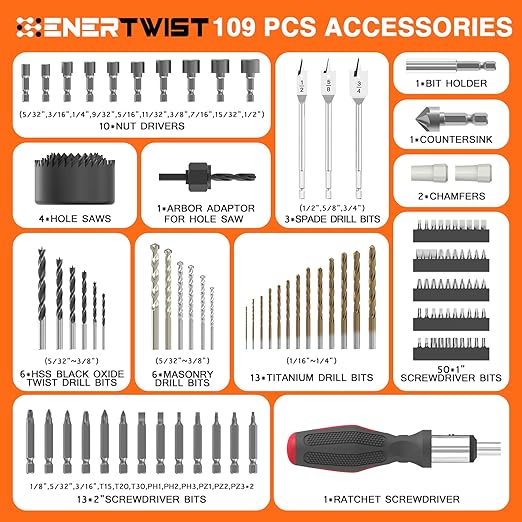 ENERTWIST Drill Bit Set, Drill Bits for Metal, Wood, Masonry-109Pcs Titanium, High Speed Steel Drill Bit Screwdriver Bit Set with Ratchet Screwdriver in Storage Case