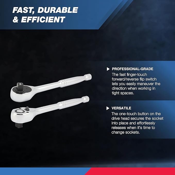 Neiko 03103A 1/2 Inch Ratchet Wrench, 72-Tooth Reversible Ratchet, Quick Release 1/2 Drive Ratchet, 10 Inch Oval Head Socket Wrench, CR-V Steel Rachet Wrench