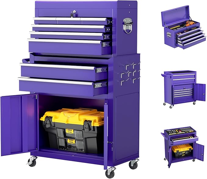Crownland 8-Drawer Rolling Tool Chest with Wheels, Lockable 2 in 1 Detachable Tool Cabinet wit Drawers and Black Liners, Garage Top Toolbox & Bottom Storage Cart with Side Hooks(Purple)
