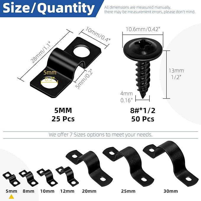 Glarks 75pcs 5mm Pipe Strap Clamp, Black Carbon Steel 2 Hole Strap Heavy Duty Rigid Pipe Strap U Bracket Tube Strap Cable Clamp Hanger Tension Tube Clip with screw for Pipe Tube Cable Fixing