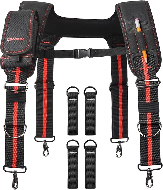 Heavy Duty Tool Belt Suspenders – Adjustable X-Back Padded Shoulder Harness with Universal Hooks – Tactical Work Suspenders for Electricians, Carpenters, Construction