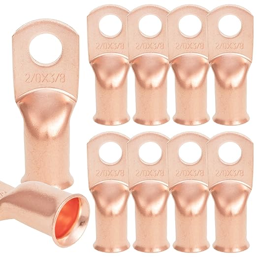 10PCS 2/0AWG - 3/8''Stud Heavy Duty Copper Terminals,Battery Cable Crimp Lugs,Battery Cable Ends,Bare Copper Eyelets Tubular Ring Terminals,Closed End Crimp Electric Connectors
