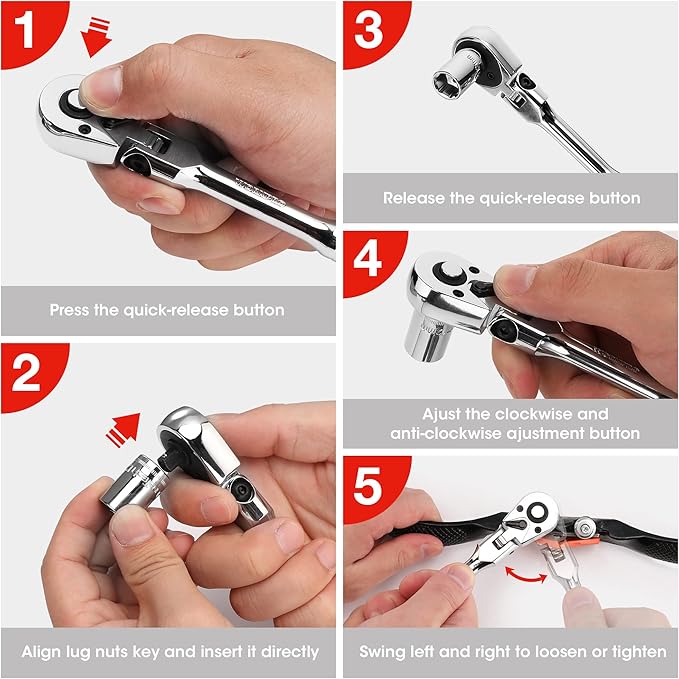 WORKPRO 1/2" Drive Flex Head Ratchet 72-Tooth Ratchet Flex Head with Chromium Plating Quick Release Reversible Design, 5 Degree Swing