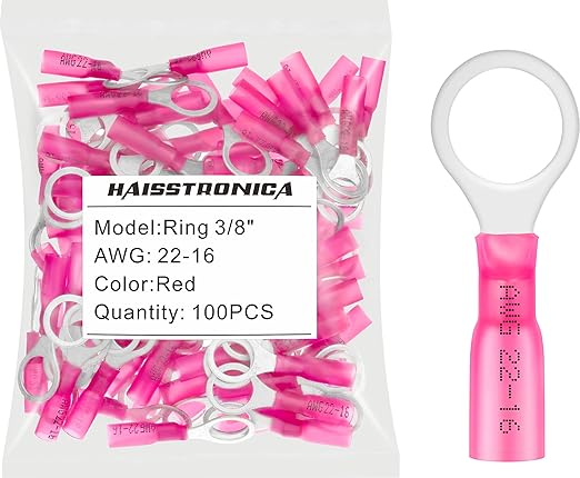 haisstronica 100pcs 3/8" Red Marine Grade Heat Shrink Ring Connectors,22-16 Gauge Tinned Red Copper 0.7mm Ring Terminals Connectors,Brazed-Seam Insulated Electrical Crimp Wire Terminals