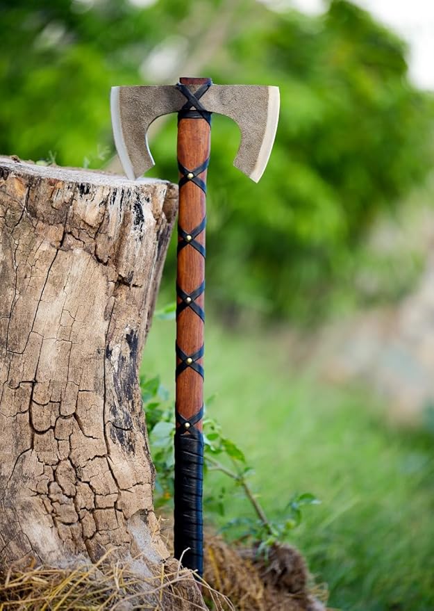 Double-Headed Viking Battle Axe with Leather Sheath, Hand Forged Steel, Wooden Handle, Camping, Hinking, Hunting, Gift, Hatchet Axe