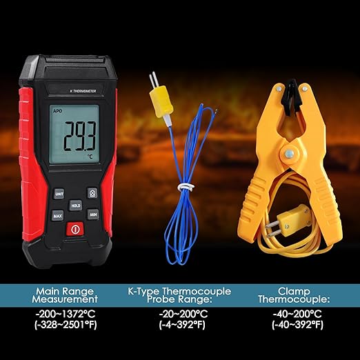 Thermocouple Thermometer Digital K Type Thermometer, Single Channel Thermocouple Tester(-328~2501℉) with 1 Temperature Clamp and 1 Wired Thermocouple Probes LCD Display Temperature Tester for K Type