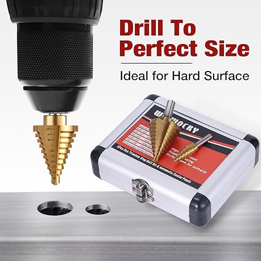 Step Drill Bits, 6PCS (50 Sizes) HSS Step Unibit Drill Bit Set with Automatic Center Punch, Double Cut Blades High-Speed Steel with Aluminum Case, Multi-Hole Stepped Up Bits for DIY Lovers