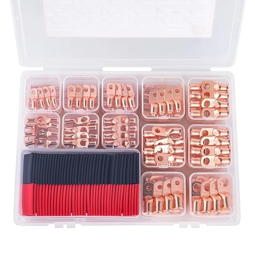 296PCS Ring Terminal Connectors Battery Copper Wire Lugs AWG 8 6 4 2 1 1/0 5/16", 3/8", 1/4", 1/2" with Heat Shrink Tubing Set, 144Pcs Battery Cable Ends and 152PCS Heat Shrink Tubing