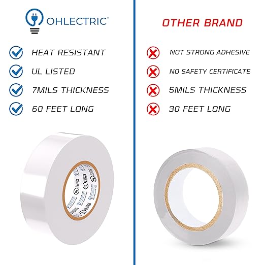 OHLECTRIC Professional Grade Vinyl Electrical Tape (1 Pack) White - 7 Mil Thick Flame-Retardant, Heat & Weather Resistant 3/4 Inch x 60 Feet | Ideal for Contractors & Electricians