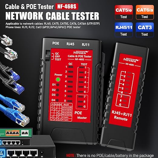 NF-468S RJ45 Network Cable Tester for CAT5, CAT5E, CAT6, CAT6A, Cat7 POE Test UTP/STP Cable Checker Telephone Line CAT3 Cable Mapper Network Tools (Professional Grade)