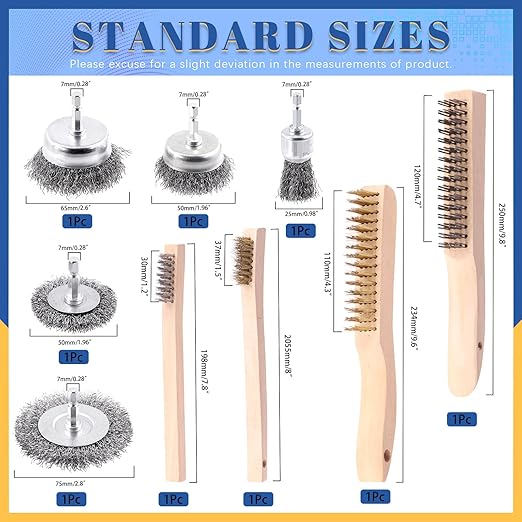 Glarks 9Pcs Wire Scratch Brush Set, Including 5Pcs Wire Wheel Cup Brushes, 4Pcs Carbon Steel/Brass Steel/Copper/Stainless Steel Wire Brushes with Wood Handle Curved Grip